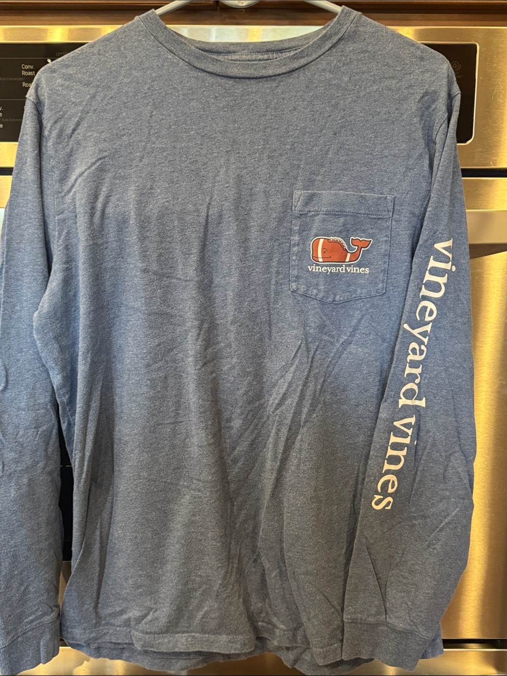 Vineyard Vines Blue Long-Sleeve Tee with Brown Whale Football Graphic - Picture 3 of 4